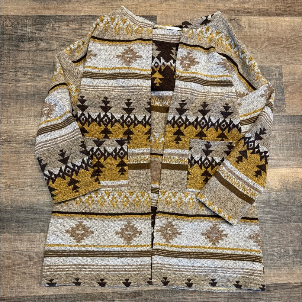 ANDTHEWHY Boho Aztec Southwestern Open Hooded Cardigan Sweater Duster Size L